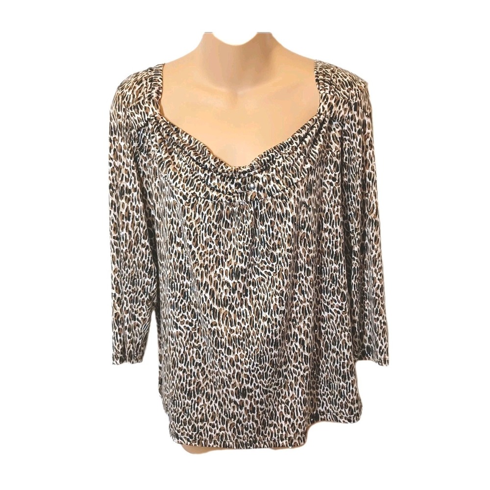 Susan Lawrence Leopard Print Sequin Cowl Neck Top XL 3/4 Boho Office Siren Party